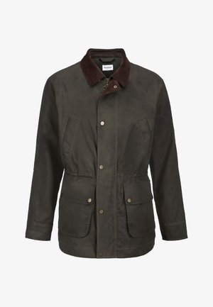 Dunkelgrüne Jacke aus gewachster Baumwolle mit braunem Cordkragen, Frontreißverschluss und Druckknöpfen, zwei Klappentaschen und schrägen Brusttaschen.