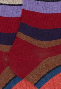Calze multicolori con strisce orizzontali in rosso, blu navy, marrone, lavanda e nero. Realizzate in morbido tessuto lavorato a maglia con una texture liscia.