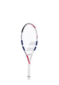 Tennisketcher med en hvid ramme, sorte og røde detaljer samt et struktureret greb. Strengene er stramt vævet for holdbarhed.