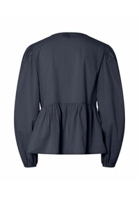 Mörkblå långärmad blus med rundad halsringning och peplum-silhuett. Har gaterade ärmar och en texturerad tygfinish.