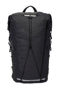 Black nylon backpack with a rectangular shape, featuring a front bungee cord, side pocket, and reflective accents for visibility.
