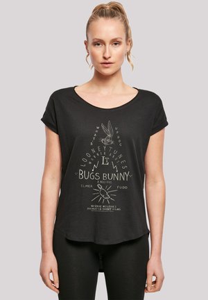 Svart kortermet t-skjorte med grafisk trykk av Bugs Bunny og tekst fra Looney Tunes-serien, med rund hals og hemline.