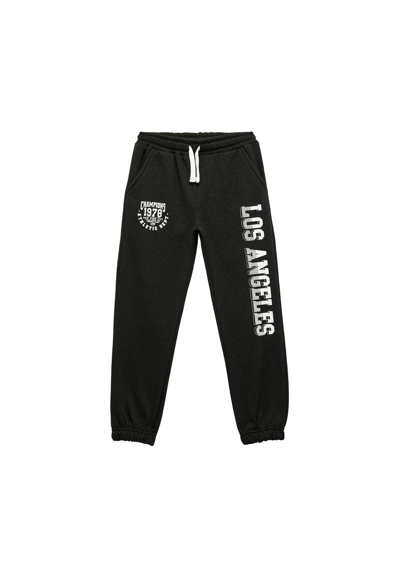 Svarta sweatpants med elastiska muddar, med vit tryckt text som läser "LOS ANGELES" och en cirkulär logo med "CHAMPIONS 1978."