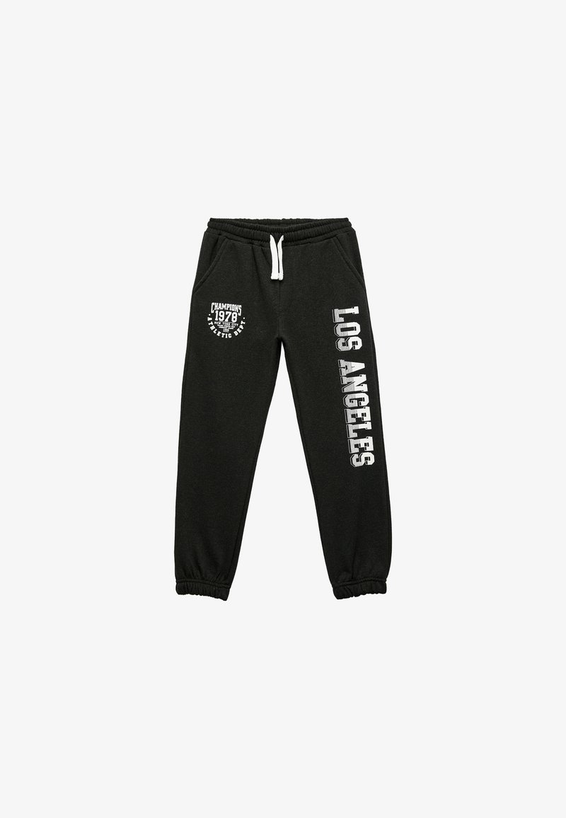 Black sweatpants with elastic cuffs, featuring white printed text that reads "LOS ANGELES" and a circular logo with "CHAMPIONS 1978."