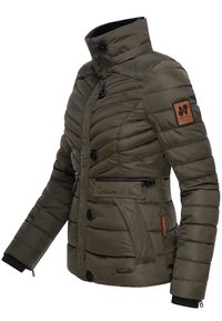 Olive green puffer jacket with a fitted design, horizontal quilted texture, high collar, and multiple buttons. Features an emblem and zippered pockets.