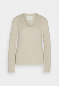 Beżowy sweter dziany z dekoltem w serek, długimi rękawami i luźnym fasonem, z teksturowaną tkaniną i subtelnym detalem w prążki.