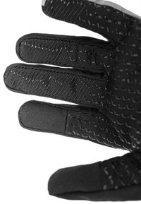 Schwarze Handschuhe mit strukturierten Oberflächen, die geriffelte Linien an den Fingern und einen glatten Daumen aufweisen, konzipiert für Griffigkeit und Geschicklichkeit.