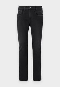 Jean noir slim avec poches avant et arrière, passants pour ceinture et fermeture par bouton à la taille, présenté sur un fond uni.