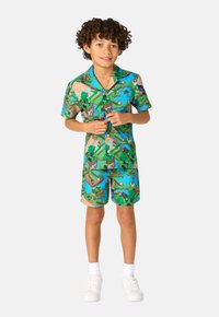 Conjunto de camisa de manga corta con cuello y pantalones cortos que presenta un estampado de paisaje vibrante en verde y azul. Hecho de tela liviana, ideal para el clima cálido.