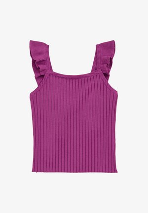 Fioletowa, prążkowana, bezrękawnikowa bluzka z falbany na ramiączkach i kwadratowym dekoltem.