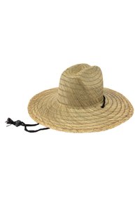 Sombrero de paja de ala ancha en color beige natural, con un patrón tejido y un cordón negro ajustable con un tope para un ajuste seguro.