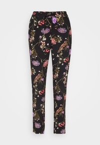 Czarne spodnie z wielokolorowym kwiatowym wzorem, z elastycznym pasem i zapięciem na sznurek.