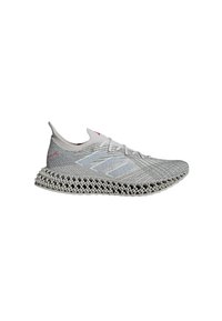 Grå letvægts sneaker med en strikket overdel, reflekterende detaljer og en karakteristisk 3D-printet gitterbund for støtte og fleksibilitet.