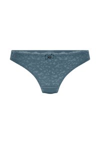 Spitzen-Tanga in gedämpftem Türkis mit floralem Muster, satinierter Taille und einem kleinen Schleifenakzent in der Mitte vorne. Insgesamt glatte Textur.