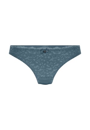 Lace thong in muted teal featuring floral pattern, satin waistband, and a small bow accent at the front center. Smooth texture overall.