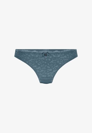 Lace thong in muted teal featuring floral pattern, satin waistband, and a small bow accent at the front center. Smooth texture overall.