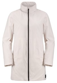 Leichte, hellbeige Jacke mit hohem Kragen, durchgehendem schwarzen Reißverschluss und langen Ärmeln; glattes, wasserabweisendes Material.