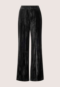 Zwarte fluwelen wijde broek met een gladde textuur en glanzende afwerking; heeft een hoge, elastische tailleband voor comfortabel dragen.