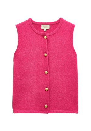Ärmellose, leuchtend pinke Strickweste mit rundem Ausschnitt und fünf goldfarbenen Knöpfen vorne, Etikett mit der Aufschrift „Joules“ innen im Kragen.
