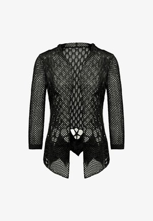 Zwarte opengehaakte cardigan met 3/4 mouwen, met een losse, luchtige uitstraling en een V-hals. Opvallend diamantpatroon over de gehele cardigan.