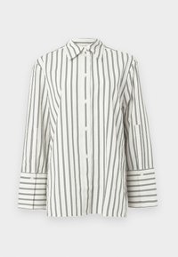 Vitt skjortblus med vertikala svarta ränder, som har krage, långa ärmar och uppvikta manschetter med detalj i kontrasterande rand.