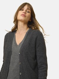 Tmavě šedý kardigan vyrobený z měkkého materiálu, s výstřihem do V, pěti knoflíky a žebrovanými manžetami, přeložený přes světle šedý top.