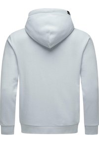 Lichtgrijze hoodie met een trekkoordkap, ribbels aan de mouwen en onderkant. Glad textuur en geen zichtbare logo's of patronen. Alleen achteraanzicht.