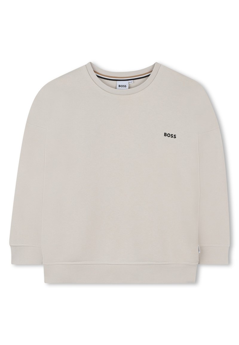 Beige sweatshirt with a round neck and three-quarter length sleeves. Features a small black "BOSS" logo on the chest. Soft fabric texture.