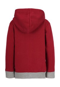 Red hoodie featuring a soft fabric, grey ribbed cuffs, a drawstring hood, and a simple design without any visible graphics or accents.