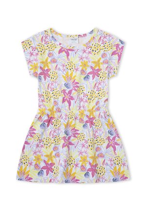Vestido infantil de manga corta con cintura elástica, base blanca y estampado floral colorido en tonos amarillos, rosas y morados.