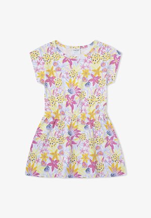Vestido infantil de manga corta con cintura elástica, base blanca y estampado floral colorido en tonos amarillos, rosas y morados.