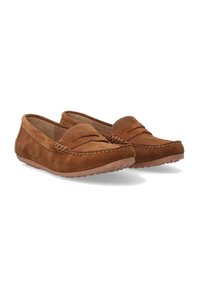 Braune Wildlederloafer mit Mokassindesign, das über gestickte Details und einen Slipper-Stil verfügt. Die Sohle ist aus Gummi mit kleinen Profilmustern.