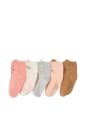 Five pairs of toddler socks in pink, white, gray, peach, and brown with subtle animal face and ear details.