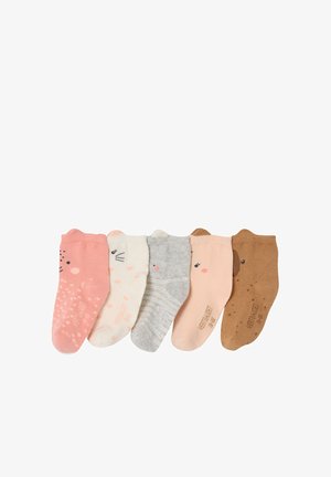 Five pairs of toddler socks in pink, white, gray, peach, and brown with subtle animal face and ear details.