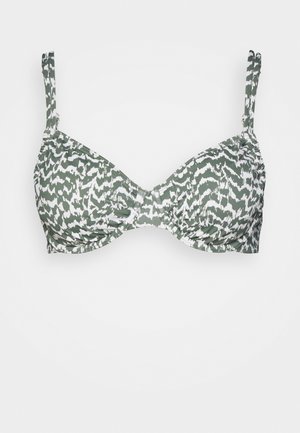 Zielono-biały bikini top we wzory z regulowanymi ramiączkami, wyściełanymi miseczkami i teksturowanym materiałem. Posiada marszczony środek i gładkie krawędzie.