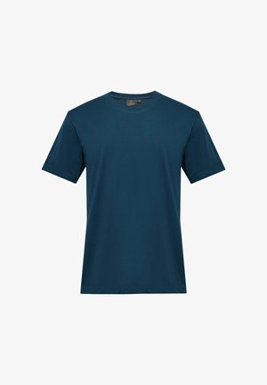 T-shirt bleu marine à manches courtes en coton doux, avec un col rond et un design simple et épuré, sans motifs ni accents visibles.