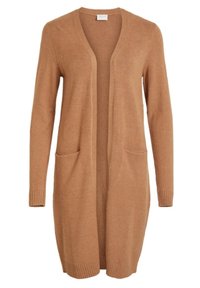 Lång kamelfärgad cardigan med öppen front, lång ärm, ribbade mudd och nederkant, samt två framfickor.