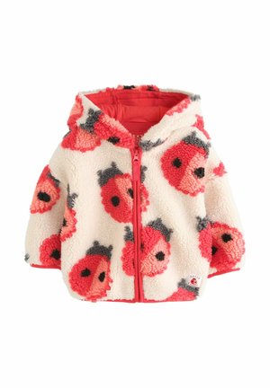 Kinder-Fleecejacke mit Kapuze und roten sowie schwarzen Marienkäfermuster auf weißem Hintergrund und einem Reißverschluss vorne.