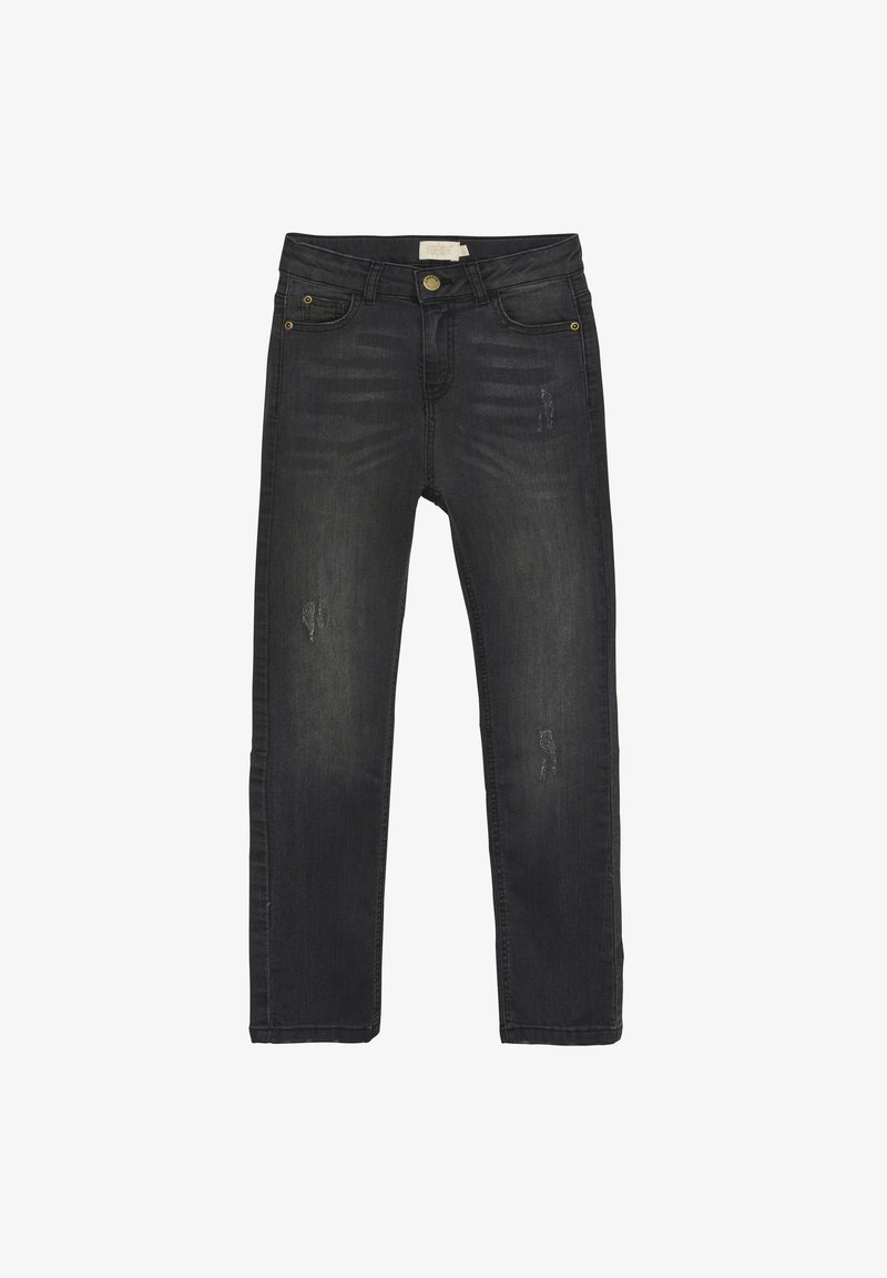 Svarta denimjeans med slim fit, som har slitna detaljer, raka ben, gul sömnad och en knappstängning i midjan.