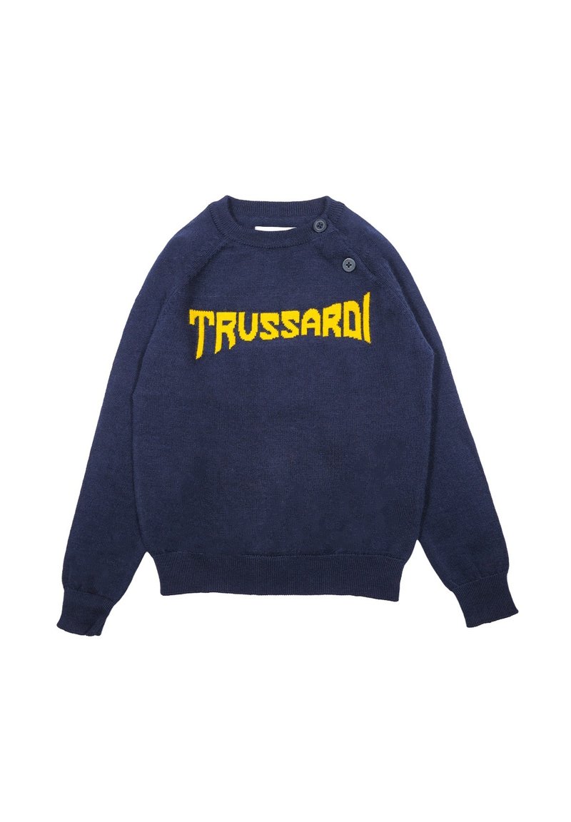 Maglione blu navy con scollatura rotonda, caratterizzato da un logo giallo "TRUSSARDI", polsini a coste e bottoni laterali per un tocco in più.