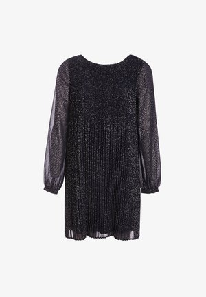 Robe longue noire plissée à manches longues avec des points pailletés argentés, manches transparentes et poignets élastiques, longueur genou sur fond blanc.