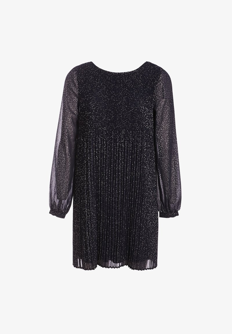 Robe longue noire plissée à manches longues avec des points pailletés argentés, manches transparentes et poignets élastiques, longueur genou sur fond blanc.