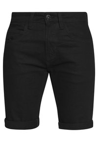 Pantalones cortos de mezclilla negra con dobladillo enrollado, diseño de cinco bolsillos y cierre de botón en la parte delantera. Textura suave y detalles de costura resistentes.