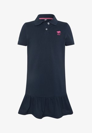 Robe polo à manches courtes bleu marine avec col, deux boutons, ourlet à volants et petit logo de cheval rose brodé sur la poitrine.