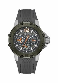 Orologio analogico nero e grigio con cinturino in gomma testurizzato, cassa rotonda, tachimetro e tre sottodial. Presenta accenti arancioni.
