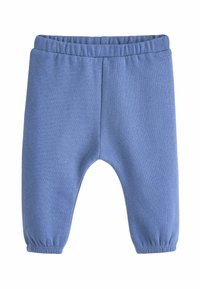 Zili kokvilnas sporta bikses ar elastīgu jostu, sašaurinātiem piedurkņu galiem un brīvu piegriezumu. Gluda tekstūra bez papildu rakstiem vai akcentiem.