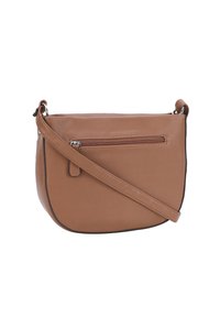 Braune Leder-Crossbody-Tasche mit strukturiertem Finish, ausgestattet mit einer mit Reißverschluss gesicherten Fronttasche und einem verstellbaren Riemen. Abgerunde Form.