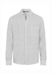 Button-up shirt in white with gray vertical stripes. Features a classic collar, roll-up sleeves, and a chest pocket. Made of lightweight fabric.