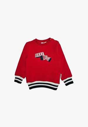 Felpa rossa a maniche lunghe con colletto tondo, caratterizzata da una grafica colorata "BIKKEMBERGS" e polsini e orlo a coste rigate in bianco e nero.