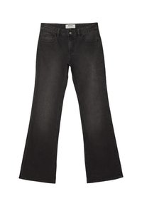 Schwarze High-Waist-Denim-Jeans mit vorderem Knopf, Reißverschluss, zwei Seitentaschen und leicht ausgestelltem Bein am unteren Ende.